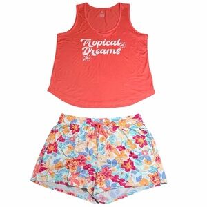 10/$25🦋 Sleep Chic Coral Floral TROPICAL DREAMS Tank & Shorts Pajama Set - Large